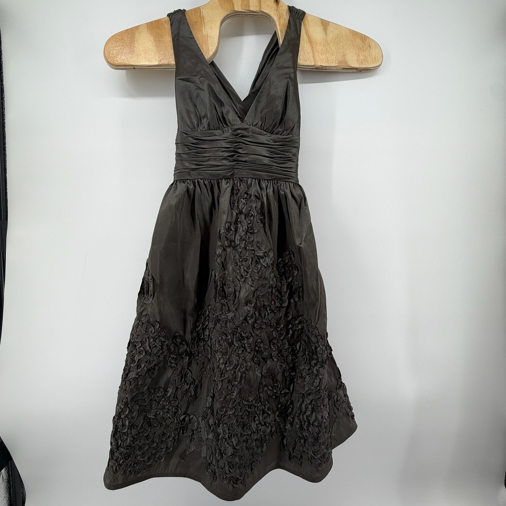 Adrianna Papell Boutique Brown Rosette Halter Cocktail Dress Size 4 Ruched Tulle